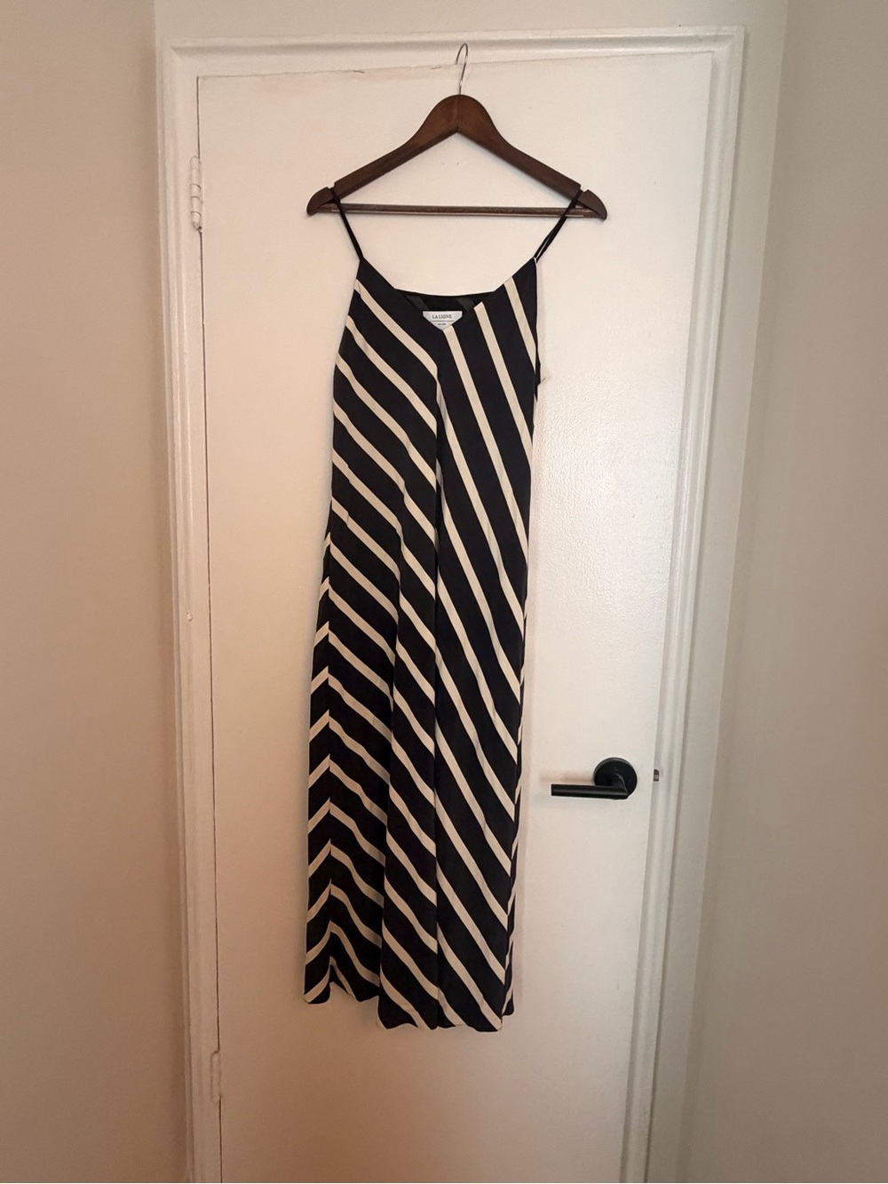 La Ligne Diagonal Striped Silk Slip Midi Dress Black Ivory Size L